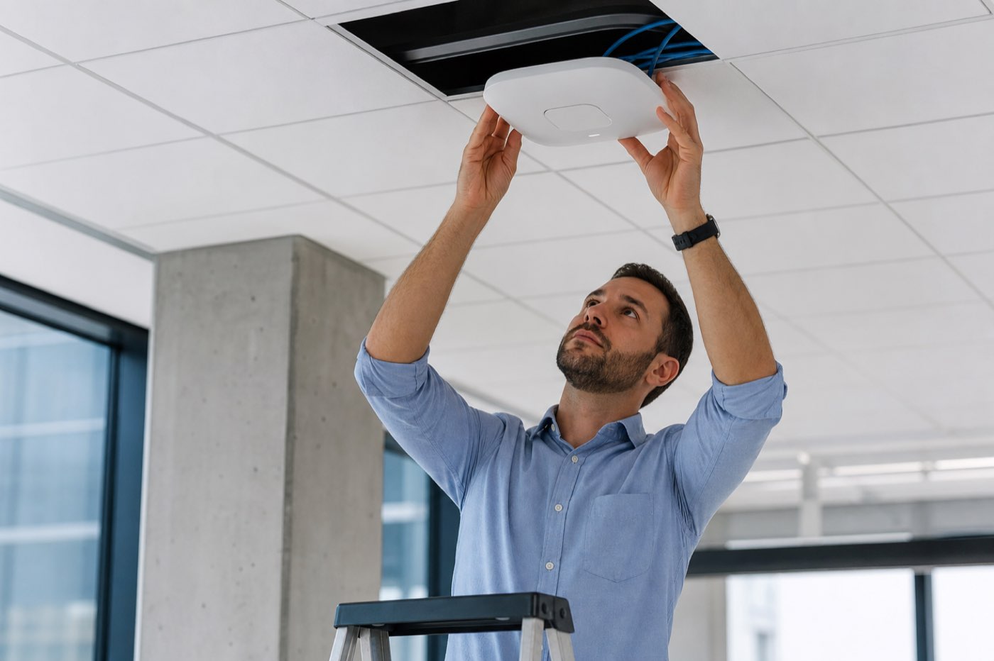 Field engineer installing access point